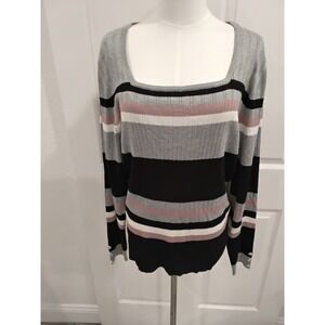 NWT Liz Claiborne Striped Square Neck Sweater XXL Grey Pink Black Long Sleeve